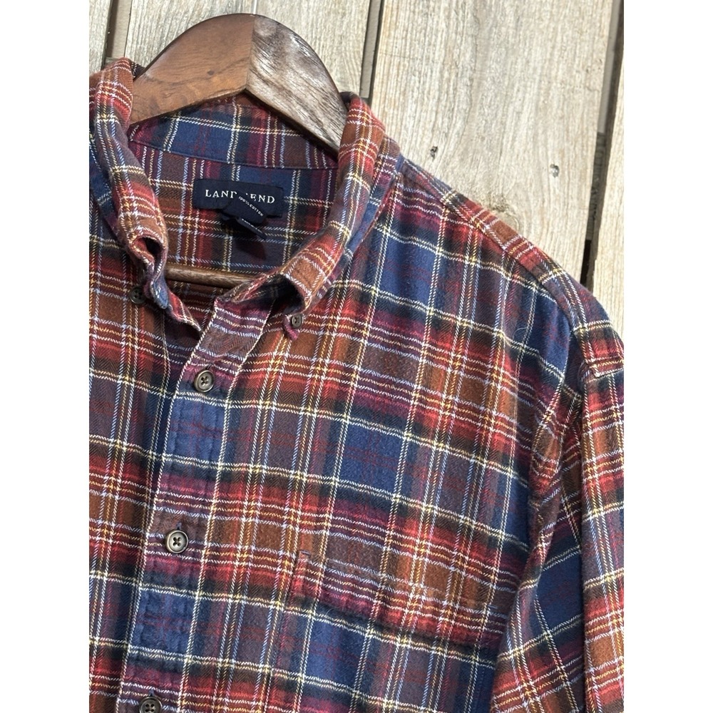 Lands' End Flannel Shirt Men's XL 17-17.5 Plaid Button Down Cotton Casual